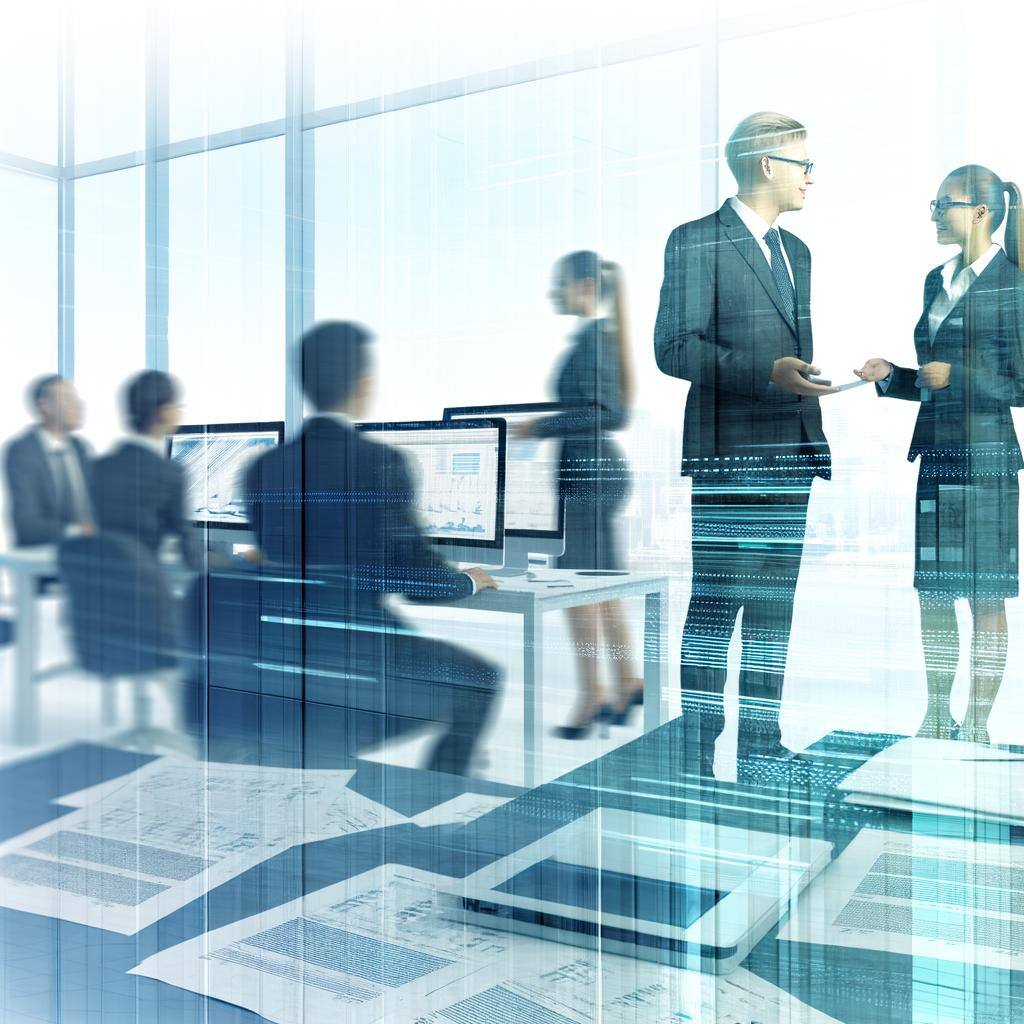 An image of a professional office setting with financial advisors and IT consultants working together to provide comprehensive solutions to clients